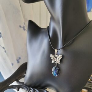 Silver Butterfly Pendant Necklace with Blue Stone